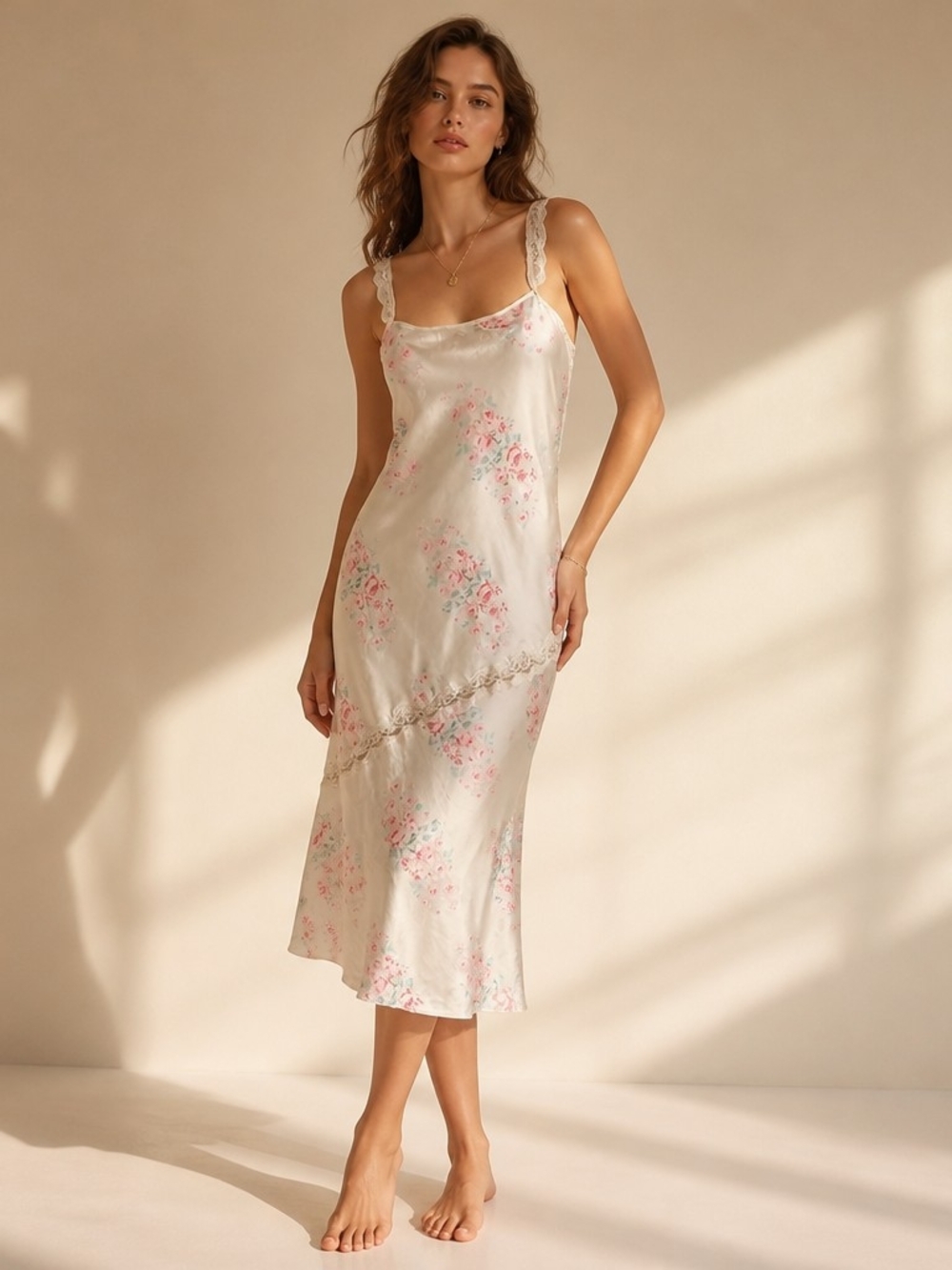 Pink K Ivory Floral Lounge Slip Dress Size Medium Romantic Lace Fairy Soft Girl